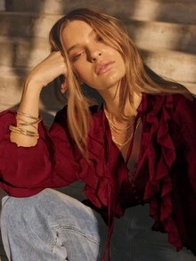 Aralina Winter Long Sleeved Ruffled Front Full Length Maxi Boho Cardigan Dress - Burgundy - View 3