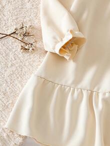 Genkimix Kids Toddler Girls' Peter Pan Collar Long Sleeve Patchwork Ruffled Hem Cute Bear Embroidery Korean Style Dress Fall Winter - Khaki - View 3