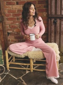Aralina Sleepwear Fall Winter Cute Cosy Brushed Waffle Wide Leg Lounge Pant With Contrast Lace Trim - Pink - View 10