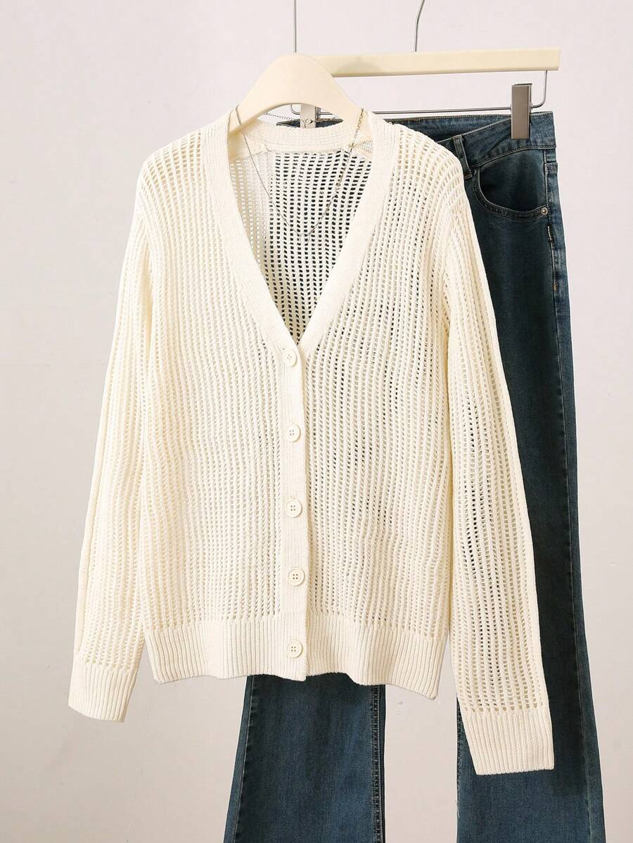Franclia Áo khoác cardigan nữ cổ chữ V màu mơ cắt xẻ tối giản - Màu be - Xem 1