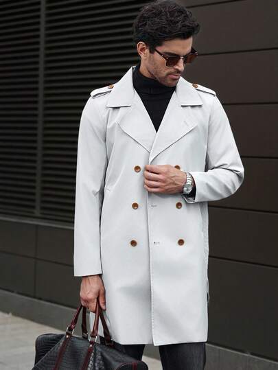 Manfinity Homme Mantel Trench Kasual Lengan Panjang Kancing Ganda Kerah Warna Polos untuk Pria, Mantel Trench Putih untuk Pria, Mantel Pria, Mantel Laki-laki