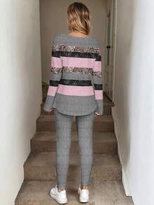 SHEIN LUNE 2 件套女士撞色闪光条纹长袖 T 恤和紧身打底裤，适合秋冬季，秋季 2 件套休闲套装女士秋季服装