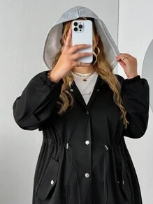 SHEIN CURVE+ 大码女式长袖单排扣抽绳腰休闲撞色连帽风衣女式长外套女式长外套开放式长袍大码夹克适度外套，女式秋季服装冬季秋冬 - 黑色 - 查看 7