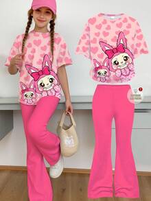 SHEIN Bộ 2 áo thun tay ngắn họa tiết hoạt hình dễ thương cho bé gái tuổi teen, thích hợp mặc vào mùa hè - Nhiều màu - Xem 1