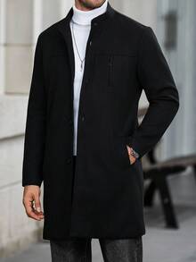 Manfinity CasualCool Áo khoác nam dài tay màu trơn có túi và nút phía trước, áo khoác nam dài sang trọng màu đen, thu đông - màu đen - Xem 5