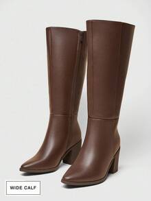 SHUZIA 女士3英寸粗跟PU棕色过膝长靴——时尚舒适，适合小腿较粗的女性，是打造自信优雅造型的必备奢华单品。圣诞节和情人节的理想之选。 - 棕色 - 查看 6