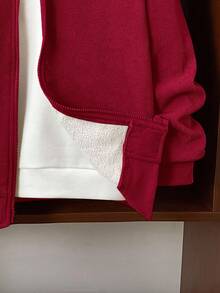 SHEIN 男童灯芯绒保暖内衬拉链棒球夹克，可搭配万圣节连帽衫，适合秋季穿着，长袖，适合通勤、上学、休闲、运动、秋冬季节穿着，也可作为圣诞红色冬季外套或圣诞红色夹克。 - 酒紅色 - 查看 3