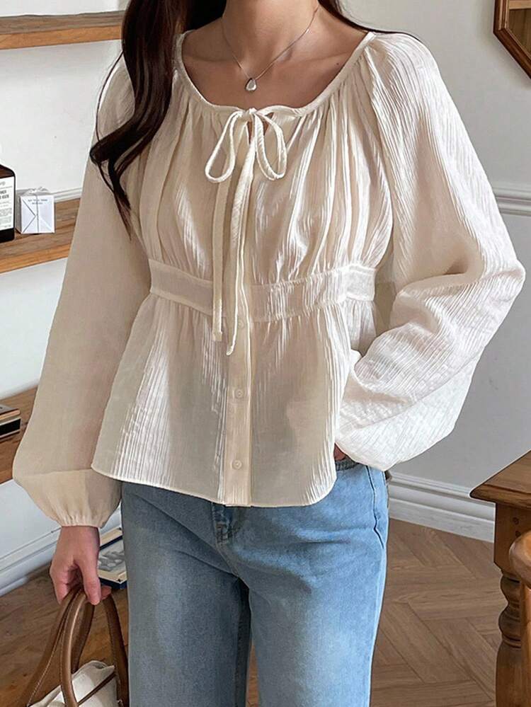 French Style Tie-Up Button Down Short Sleeve Blouse, Loose Fit For Women Long Sleeve Top