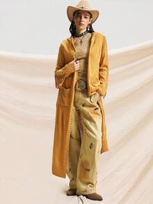 Easelle 女牛仔西部复古休闲串珠流苏细节连帽姜黄色长款毛衣，秋冬乡村音乐会 - 棕色 - 查看 3