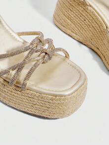 CUCCOO SZL Women's Wedge Thick Bottom Jute Rope Rhinestone Sandals - Gold - View 6