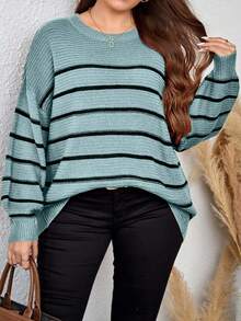 EURMUSE Plus Size Plus Size Loose Fit Colorblock Striped Pullover Sweater - Mint Green - View 1