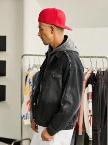 Manfinity Hypemode 男士黑色 Grunge 街头时尚破旧渐变牛仔夹克中性款 GenZ 水洗口袋黑色 OVERSIZE 街头万圣节万圣节秋季 - 黑色 - 查看 4