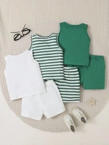 SHEIN Playful Pals 6件組男嬰夏季套裝 條紋無袖上衣與短褲 舒適休閒海灘穿搭 薄荷綠白色黑色百搭日常服飾 - 綠色 - 查看 2