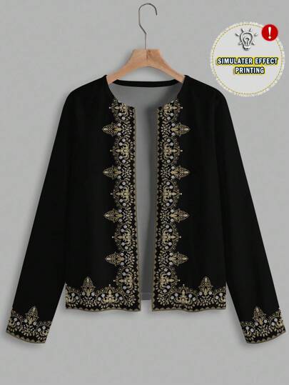 SHEIN Clasi 休闲花卉印花大码女式开襟长袖夹克，适合秋冬季