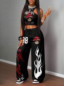 Slaydiva 2 件套女士休闲街头紧身吊带背心和宽松裤子套装，适合街头风格，黑色卡通人物和火焰印花，适合嘻哈 - 彩色 - 查看 3