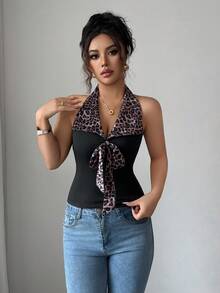 Elenzga Sleeveless Fabric Patchwork Korean Velvet Leopard Print Tie Bow Elegant Romantic Delicate Women Tank Top