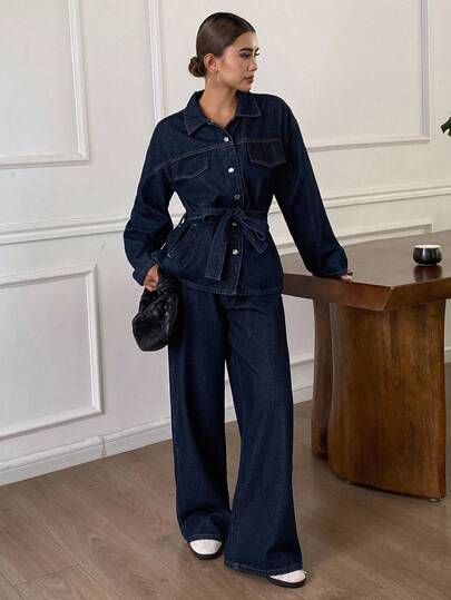 DAZY Autumn/Winter New Loose Casual Distressed Washed Waist-Cinched Women's Denim Set