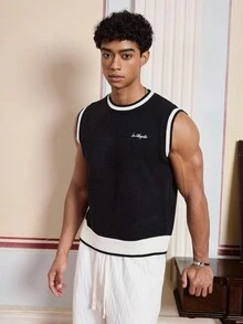 SWAVVY 标准尺寸男士撞色圆领无袖休闲针织背心毛衣，秋季，冬季 - 黑色 - 查看 4