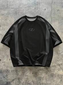 AXEPEAK 运动拼接开叉印花男士休闲宽松版型圆领短袖T恤 - 深灰色 - 查看 1