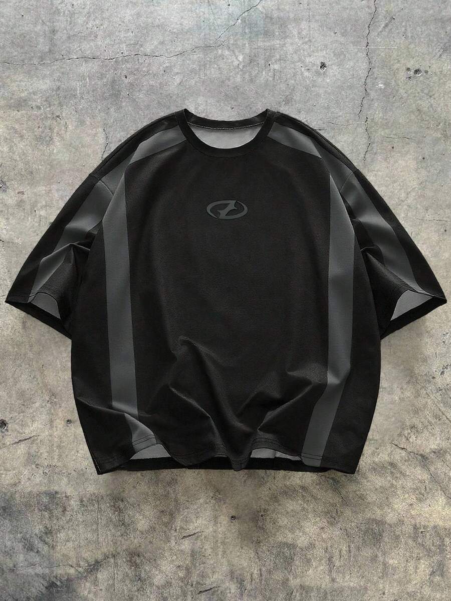 AXEPEAK 运动拼接开叉印花男士休闲宽松版型圆领短袖T恤 - 深灰色 - 查看 1