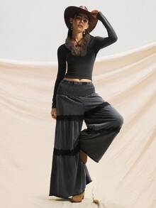 Easelle Fashion Holiday Retro Lace Edge Wide Leg Pants Snow-Washed Wide Leg Trousers Splicing Lace Retro Casual Autumn And Winter Fall Clothes Women - Black - View 5