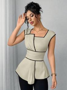 SHEIN Clasi 女式不对称下摆褶饰时尚衬衫 - 杏色 - 查看 5