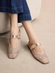 Rosivie 女士时尚杏色编织镂空平底鞋 - 金色 - 查看 6