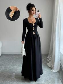 Elenzga 女士金属装饰甜心领长袖荷叶边优雅连衣裙 - 黑色 - 查看 8