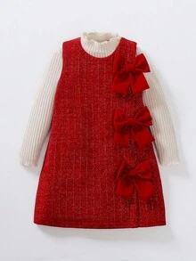 Elladie kids 2件套女童秋冬连衣裙，包含一件无袖罗纹针织拼色连衣裙，饰有红色蝴蝶结，以及一件柔软的高领罗纹毛衣。连衣裙采用微光面料，适合秋冬季节穿着，展现年轻女孩的甜美与成熟气质。 - 紅色 - 查看 3