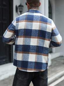 Manfinity Homme Men's Plaid Long Sleeve Single-Breasted Casual Utility Pocket Jacket, Autumn/Winter Flannels For Men, Perfect Holiday Gift For Boyfriend & Husband