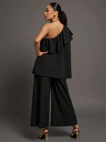 Vixey 纯色梭织褶裥斜插口袋阔腿七分裤，商务休闲，办公 - 黑色 - 查看 4