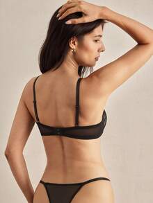 Charlaine 1/2 Cup Lace Lined Underwire Padded Plunge Bra With Contrast Trim, Romantic Women's Lingerie Lingerie Sets Push Up - Black - View 2