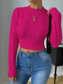 EMERY ROSE Women's Autumn Cable Cable Pattern Crew Neck Long Sleeve Cropped Fitted Sweater Fall Winter Cloth For Women - Hot Pink - View 4