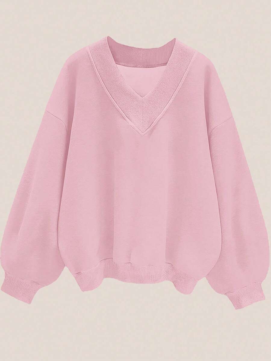 CovetEZ 女士超大V领宽松休闲卫衣，适合秋冬季，粉色 - 粉色 - 查看 1