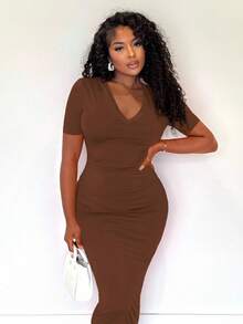 Alexandranx Summer;Women's Solid V-Neck Bodycon Short Sleeve Dresshoco Dresses