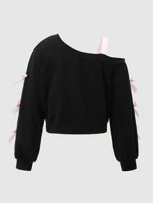 Tween Girl Asymmetric Collar Long Sleeve Sweatshirt With Bow Decor, Autumn Fall Winter - Black - View 2