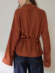 Aveloria Modichic Áo sơ mi nữ dài tay cổ điển đa năng, cổ chữ V, cổ bẻ màu cam-nâu, khóa kéo phía trước, thiết kế eo thắt chặt - màu nâu - Xem 2