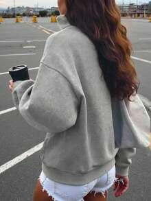 SHEIN 秋季大码女式休闲拉链落肩骑士印花卫衣 - 灰色 - 查看 3