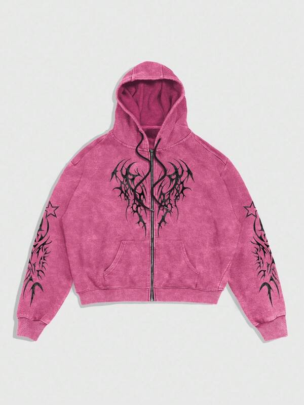 ROMWE MEN Street Life Sudadera con capucha con cremallera y estampado de copos de nieve de estilo gótico para hombre, otoño, Halloween