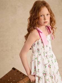 Vestido con estampado floral para niña preadolescente con tirantes de lazo desmontables, elegante para primavera/verano - Beis - Ver 6