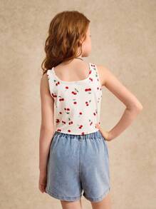 Conjunto de 2 piezas para niñas preadolescentes compuesto por top de tirantes y shorts, apto para el verano - Blanco - Ver 2