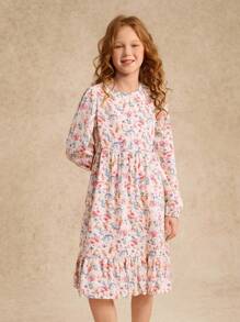 Girls' Round Neck Long Sleeve Patchwork Hem Vacation Dress - Multicolor - View 2