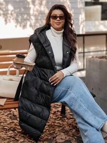 Vionelle 加大码女式连帽大口袋背心夹克长款秋冬时尚保暖外套配腰带冬季秋季羽绒背心 - 黑色 - 查看 2