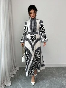 Elenzga 女士印花腰部褶边立领优雅日常通勤商务法式浪漫约会派对圣诞节节日灯笼袖长袖连衣裙，秋冬 - 彩色 - 查看 6