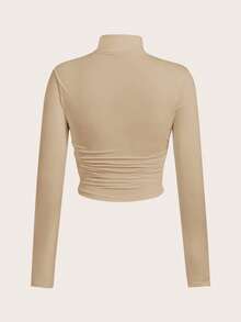 SHEIN EZwear 大码休闲卡其色针织高领长袖 T 恤 - 卡其色 - 查看 2