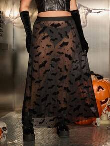 SHEIN EZwear 加大码蝙蝠图案透视性感植绒裙 - 黑色 - 查看 2