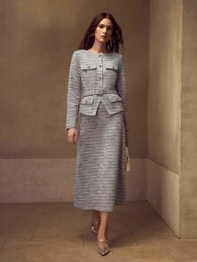 MOTF PREMIUM Váy vải tuýt có thắt lưng - màu đen - Xem 5