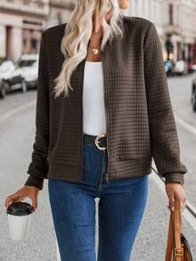 EMERY ROSE Women's Solid Color Zipper Waffle Casual Versatile Jacket - Coffee Brown - View 1