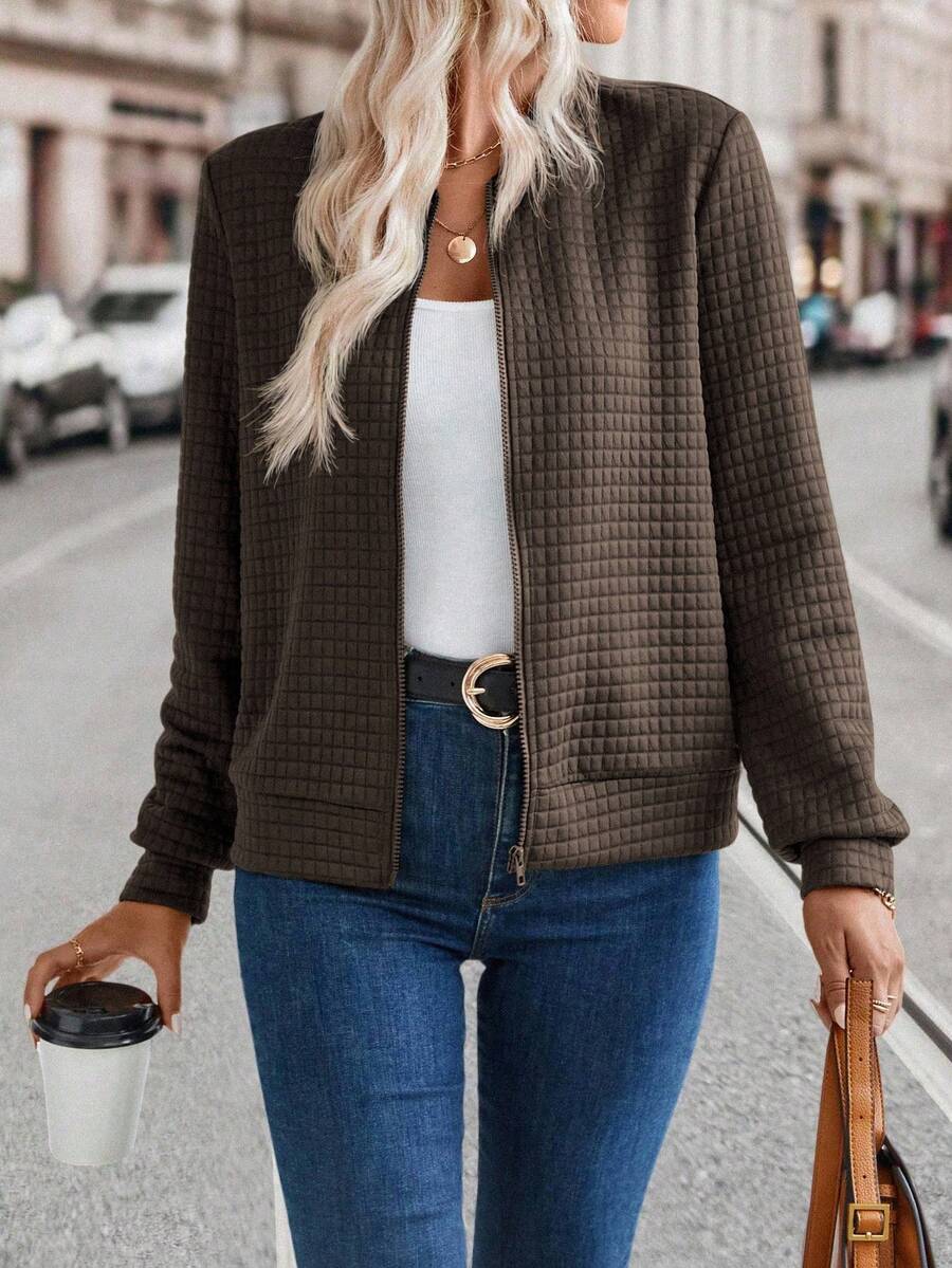 EMERY ROSE Women's Solid Color Zipper Waffle Casual Versatile Jacket - Coffee Brown - View 1