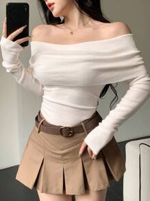 DAZY 女士优雅露肩纯色毛衣，秋季 - 米色 - 查看 3